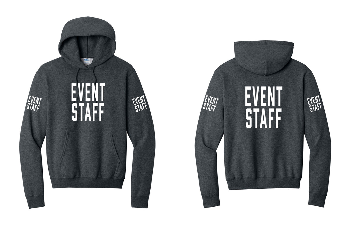 NYC Factory Event Staff Cotton Fleece Pullover Hoodie (Classic) - Front + Back + Event Staff Sleeves - Dark Heather Grey