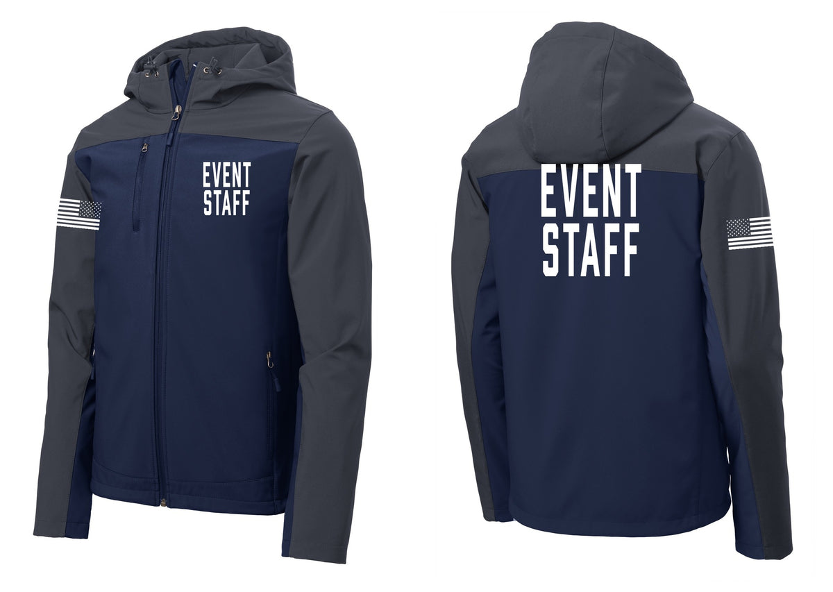 NYC Factory Event Staff Hooded Soft Shell Jacket (Classic) - Chest + Back + US Flag Sleeve - Dress Blue Navy / Battleship Grey