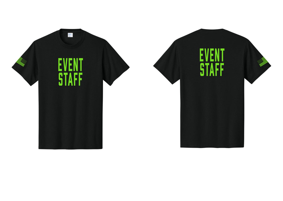 NYC Factory Event Staff T-Shirt, Condensed Lettering - Front + Back + US Flag Sleeve - Black / Neon