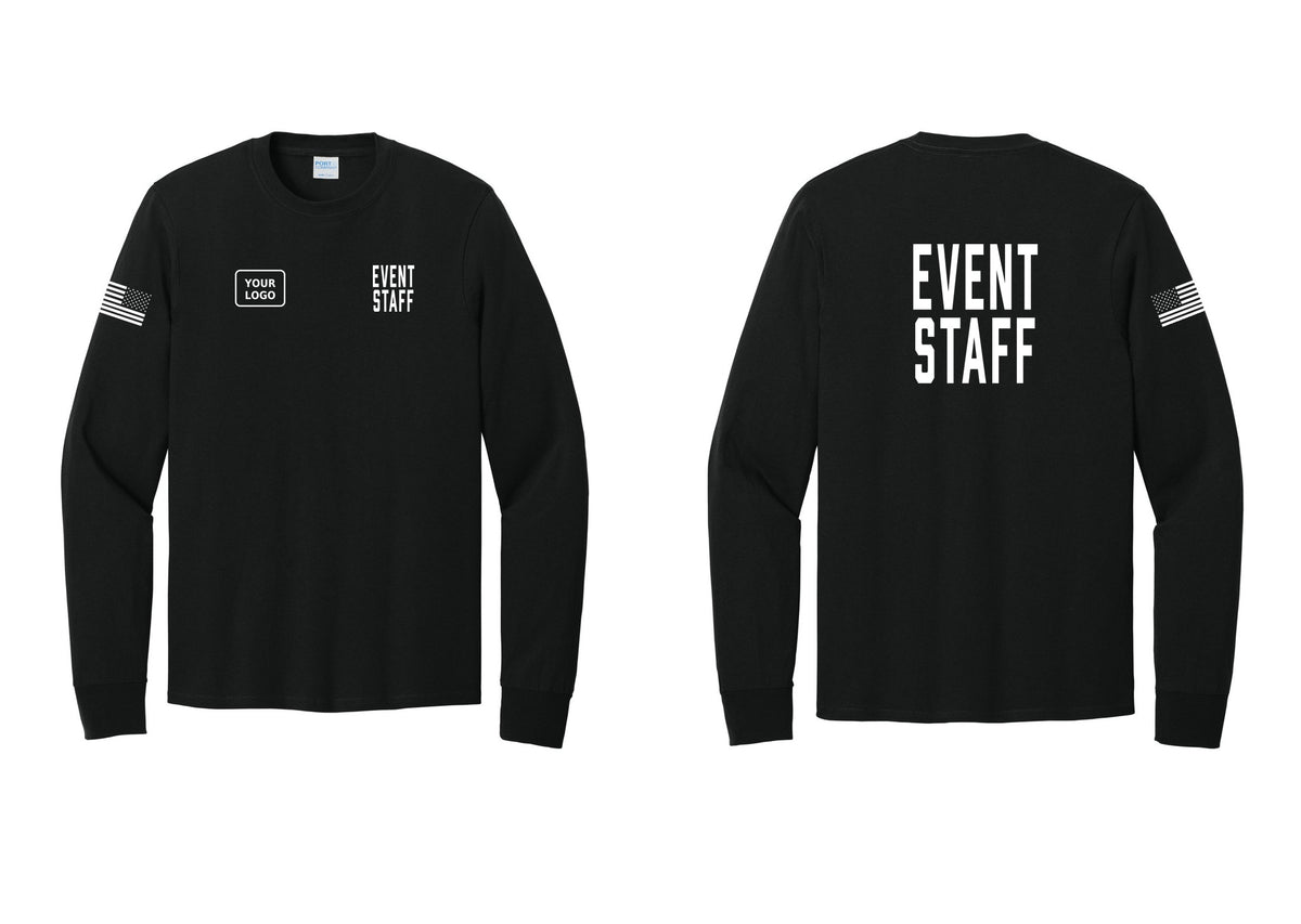 NYC Factory Custom Logo Event Staff Cotton Long Sleeve T-Shirt (Classic) - EVENT STAFF + Your Logo + Back + US Flag Sleeve - Black