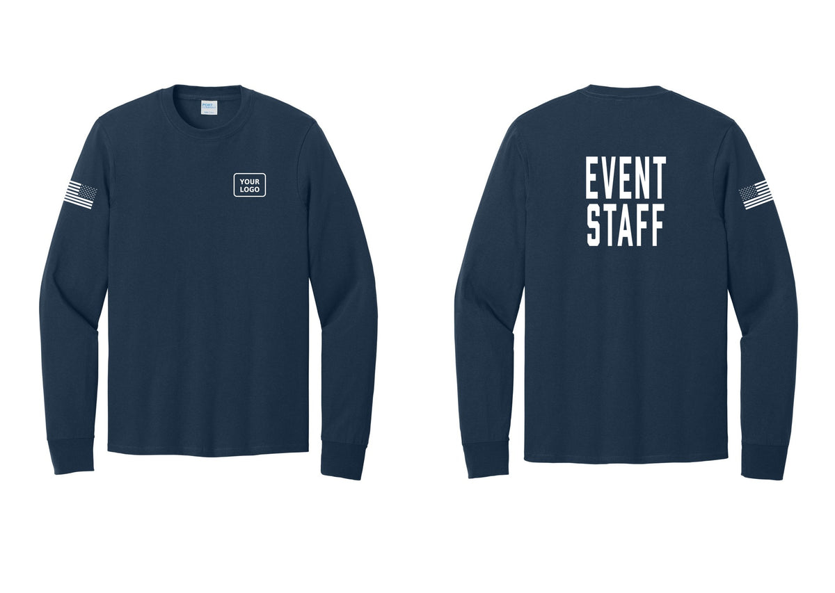 NYC Factory Custom Logo Event Staff Cotton Long Sleeve T-Shirt (Classic) - Your Logo + Back + US Flag Sleeve - Navy