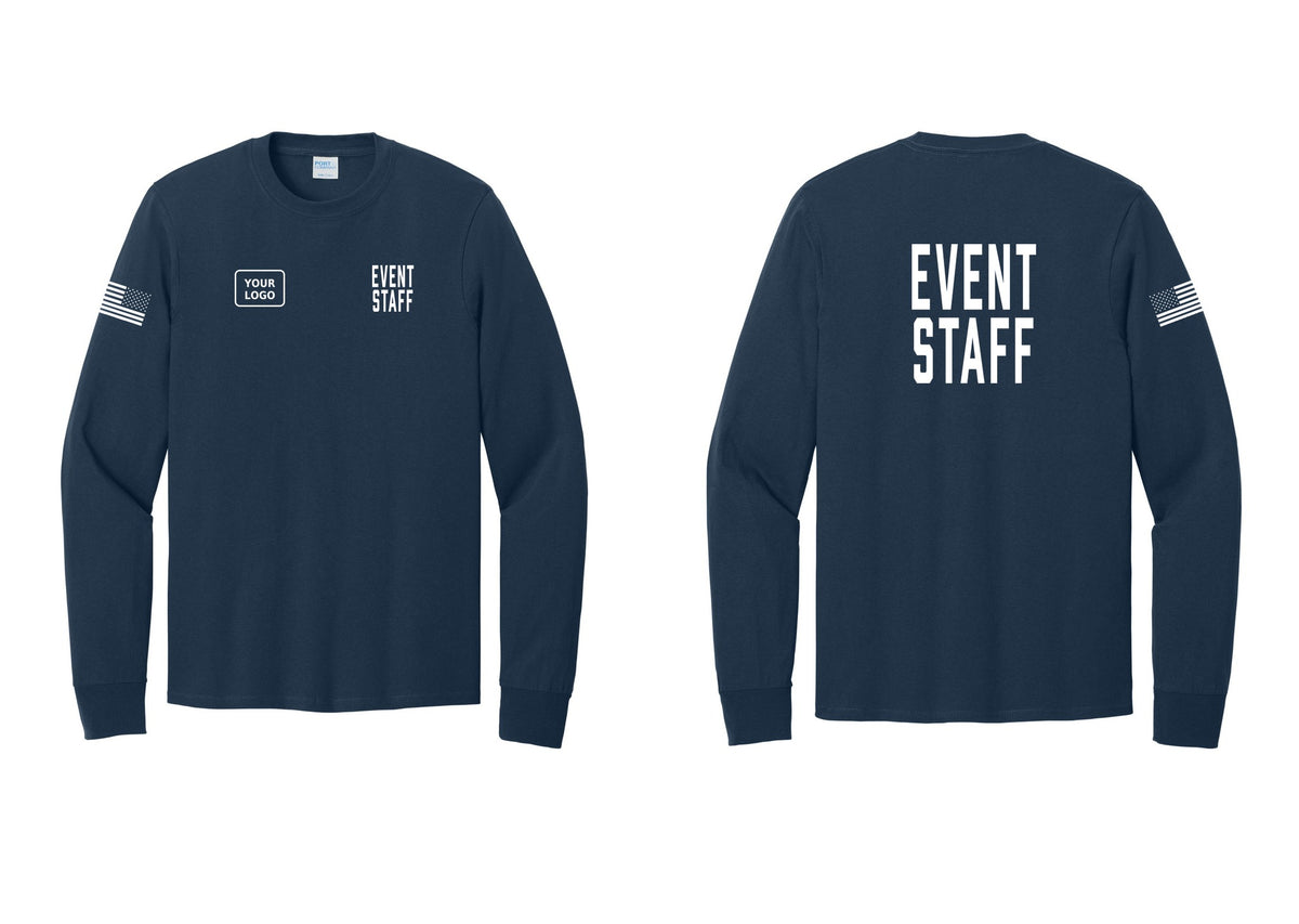 NYC Factory Custom Logo Event Staff Cotton Long Sleeve T-Shirt (Classic) - EVENT STAFF + Your Logo + Back + US Flag Sleeve - Navy