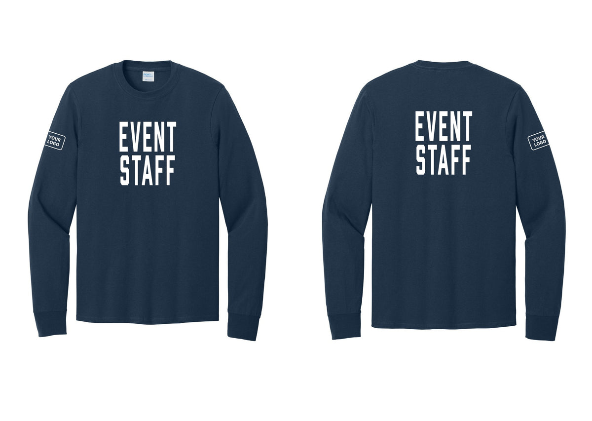 NYC Factory Custom Logo Event Staff Cotton Long Sleeve T-Shirt (Classic) - Front + Back + Your Logo Sleeve - Navy