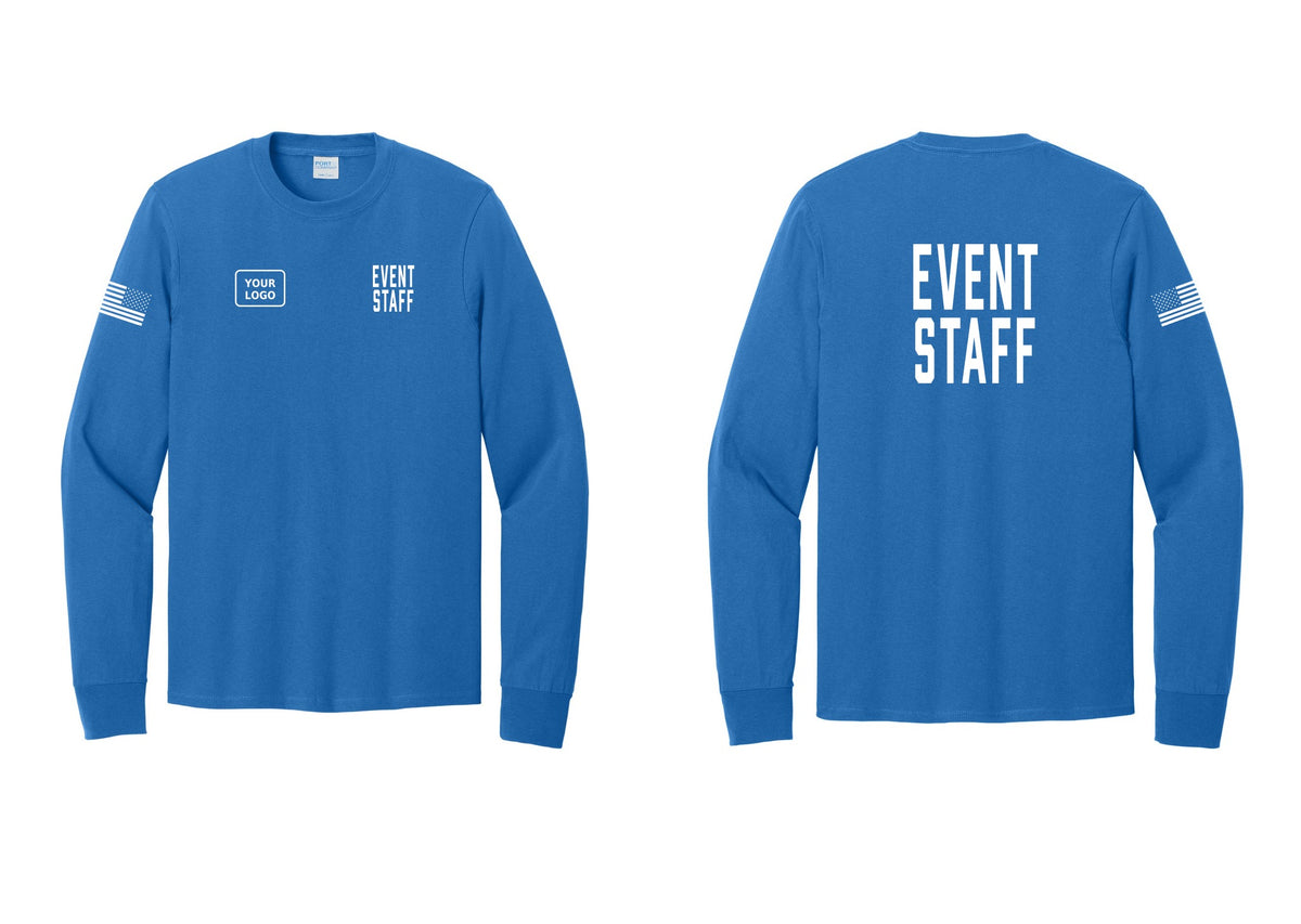 NYC Factory Custom Logo Event Staff Cotton Long Sleeve T-Shirt (Classic) - EVENT STAFF + Your Logo + Back + US Flag Sleeve - Royal