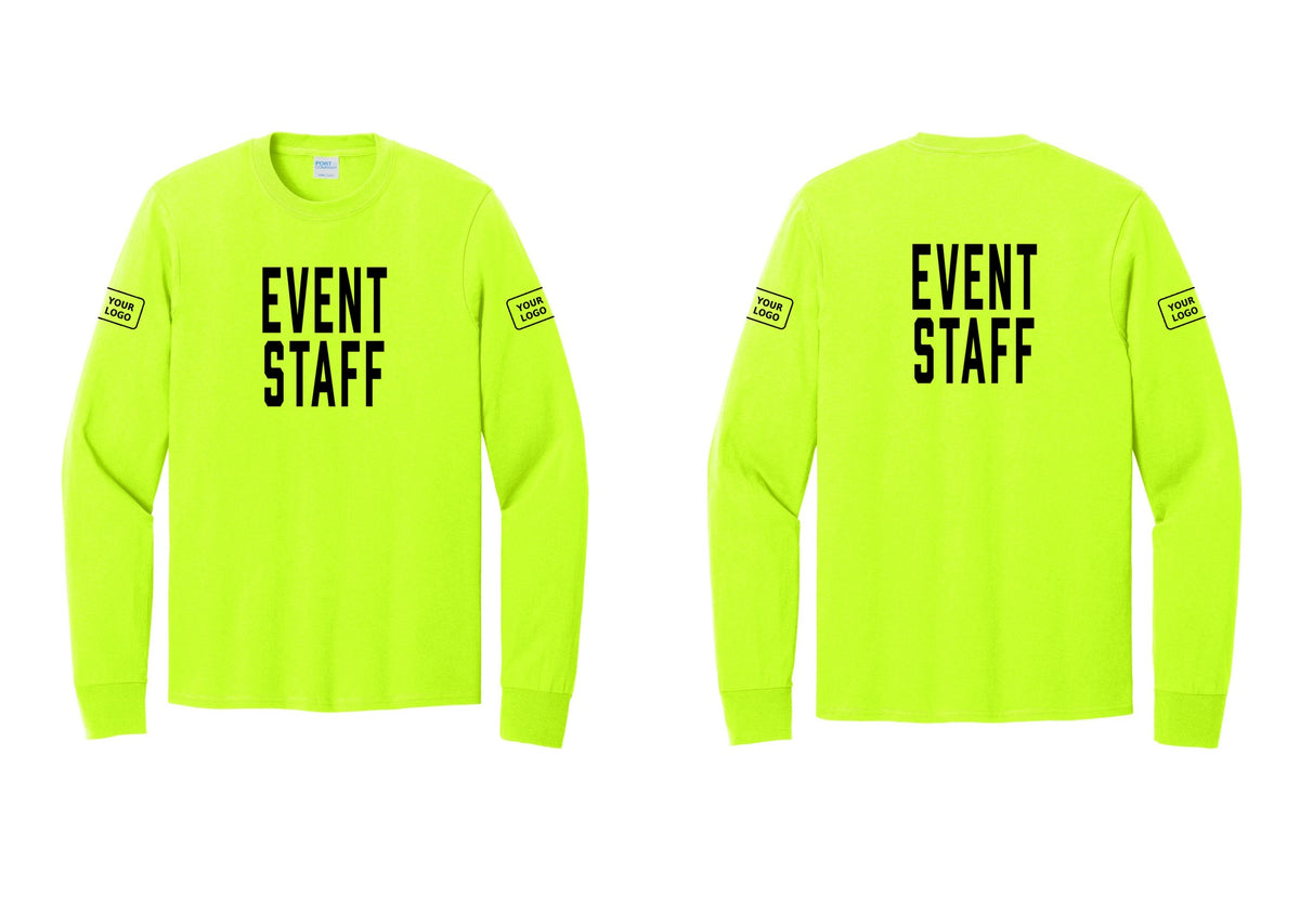 NYC Factory Custom Logo Event Staff Cotton Long Sleeve T-Shirt (Classic) - Front + Back + Your Logo Sleeves - Safety Green