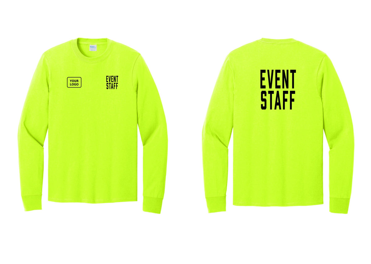 NYC Factory Custom Logo Event Staff Cotton Long Sleeve T-Shirt (Classic) - EVENT STAFF + Your Logo + Back - Safety Green