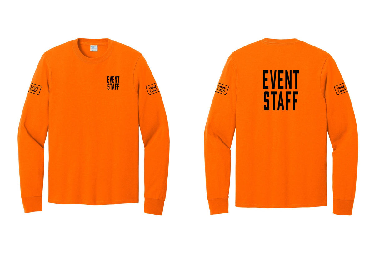 NYC Factory Custom Logo Event Staff Cotton Long Sleeve T-Shirt (Classic) - Chest + Back + Your Logo Sleeves - Safety Orange