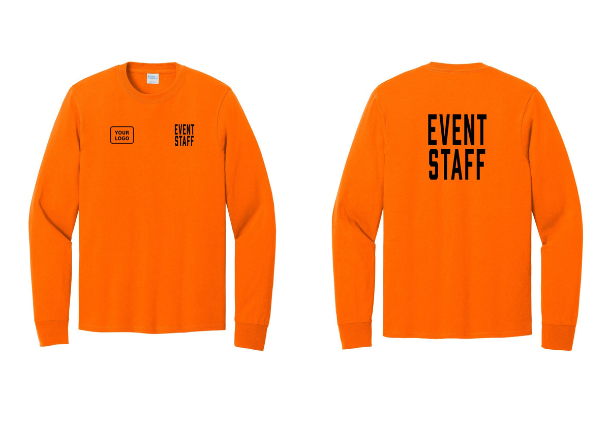 NYC Factory Custom Logo Event Staff Cotton Long Sleeve T-Shirt (Classic) - EVENT STAFF + Your Logo + Back - Safety Orange