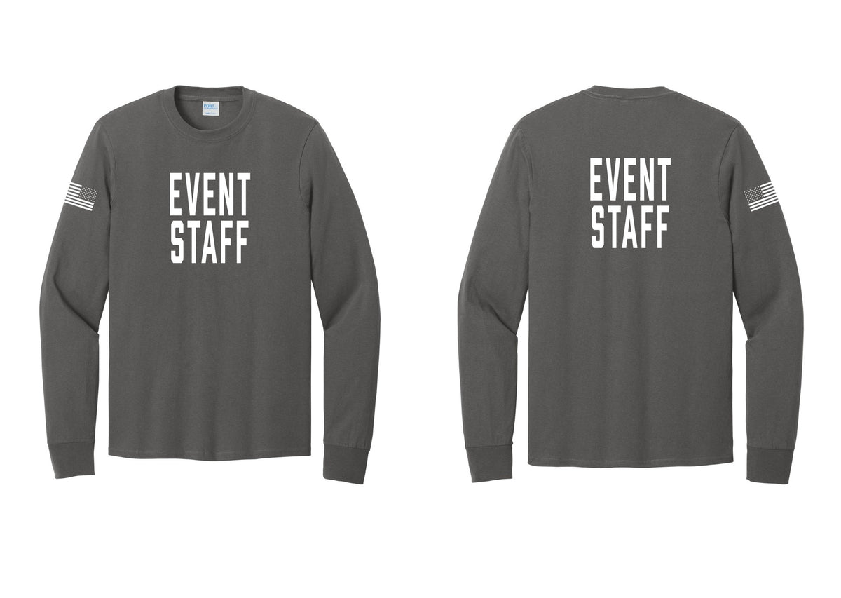 NYC Factory Event Staff Cotton Long Sleeve T-Shirt (Classic) - Front + Back + US Flag Sleeve - Charcoal