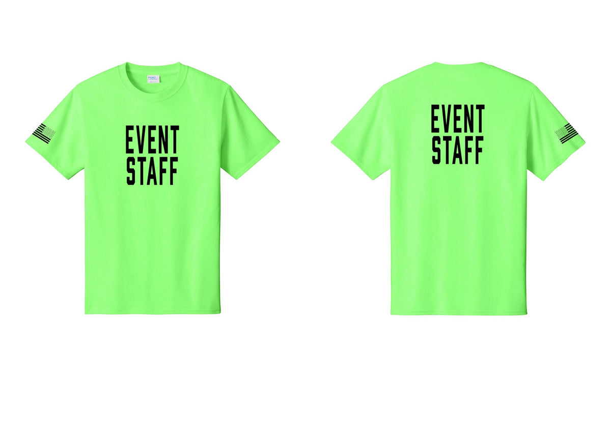 NYC Factory Event Staff T-Shirt, Condensed Lettering - Front + Back + US Flag Sleeve - Neon Green
