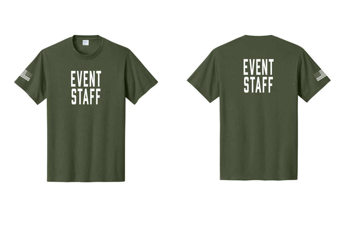 NYC Factory Event Staff T-Shirt, Condensed Lettering - Front + Back + US Flag Sleeve - Olive