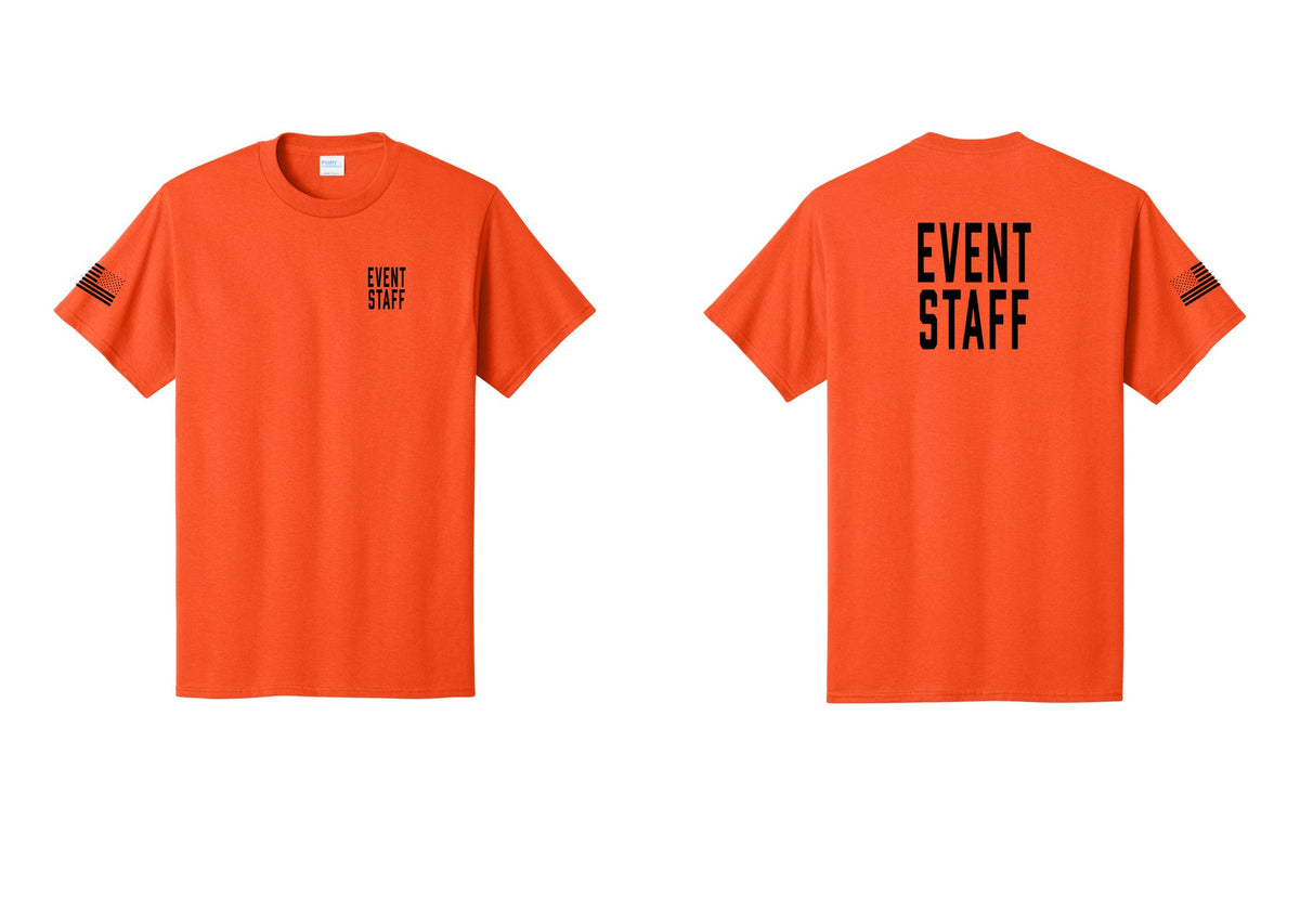 NYC Factory Event Staff T-Shirt, Condensed Lettering - Chest + Back + US Flag Sleeve - Orange