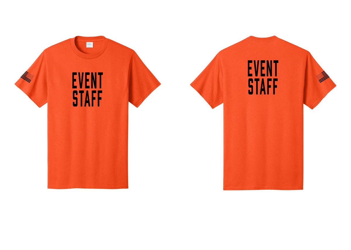 NYC Factory Event Staff T-Shirt, Condensed Lettering - Front + Back + US Flag Sleeve - Orange