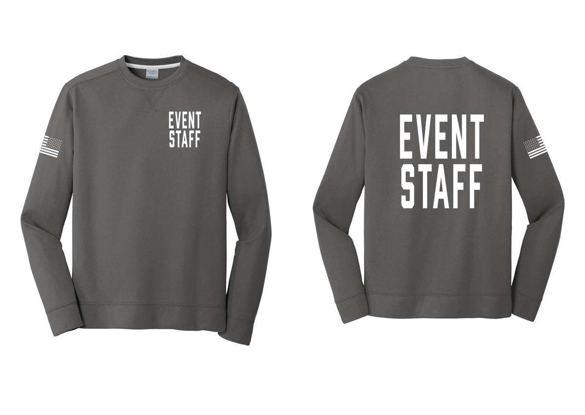 NYC Factory Event Staff Performance Fleece Crewneck Sweatshirt (Classic) - Chest + Back + US Flag Sleeve - Charcoal