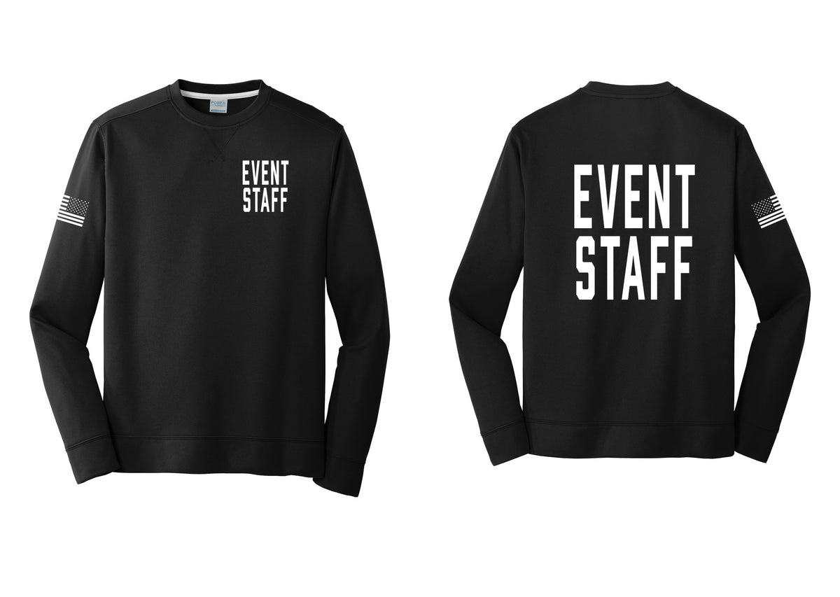 NYC Factory Event Staff Performance Fleece Crewneck Sweatshirt (Classic) - Chest + Back + US Flag Sleeve - Black