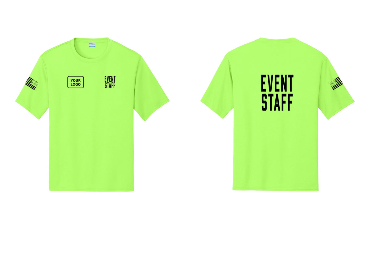 NYC Factory Custom Logo Event Staff Performance T-Shirt (Classic) - EVENT STAFF + Your Logo + Back + US Flag Sleeve - Neon Green
