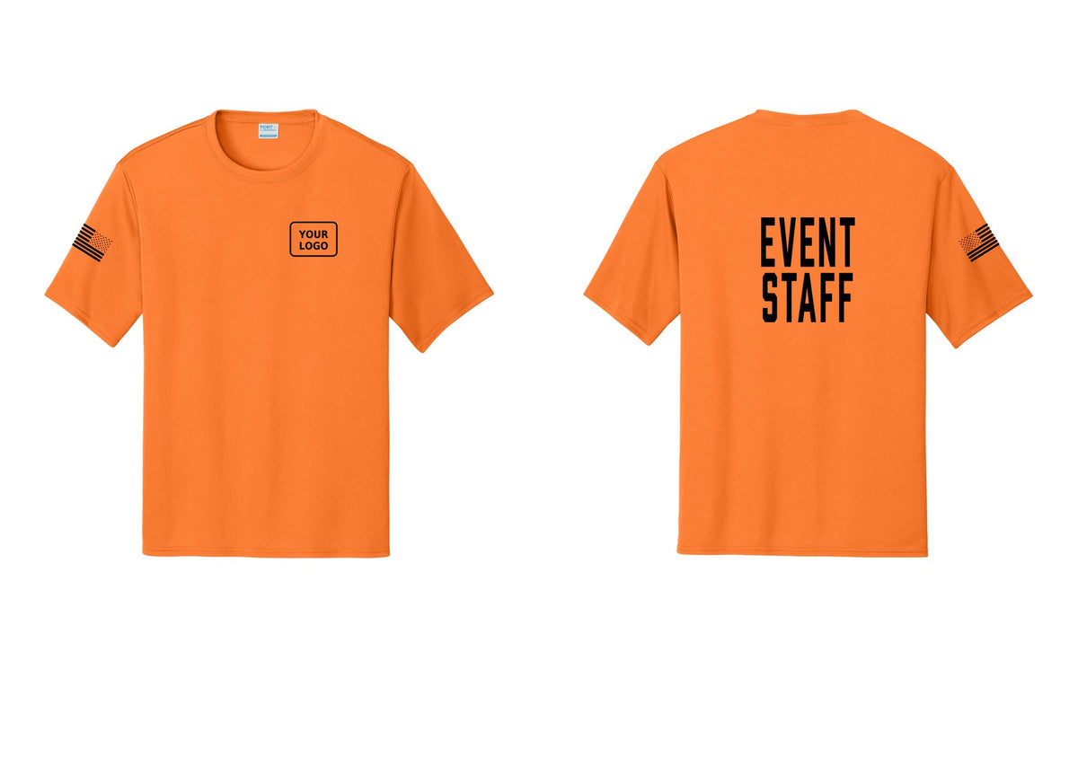 NYC Factory Custom Logo Event Staff Performance T-Shirt (Classic) - Your Logo + Back + US Flag Sleeve - Neon Orange