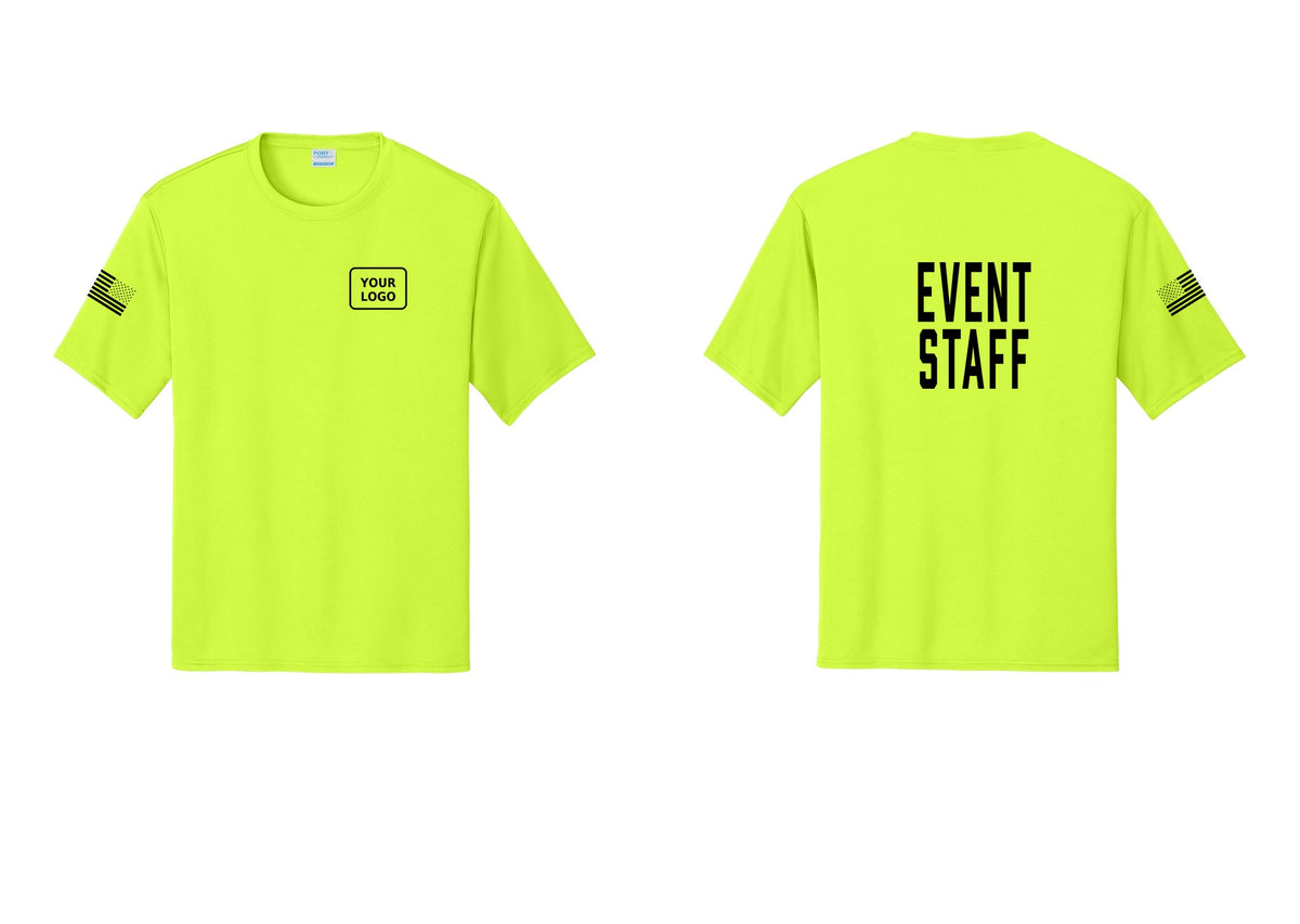 NYC Factory Custom Logo Event Staff Performance T-Shirt (Classic) - Your Logo + Back + US Flag Sleeve - Neon Yellow