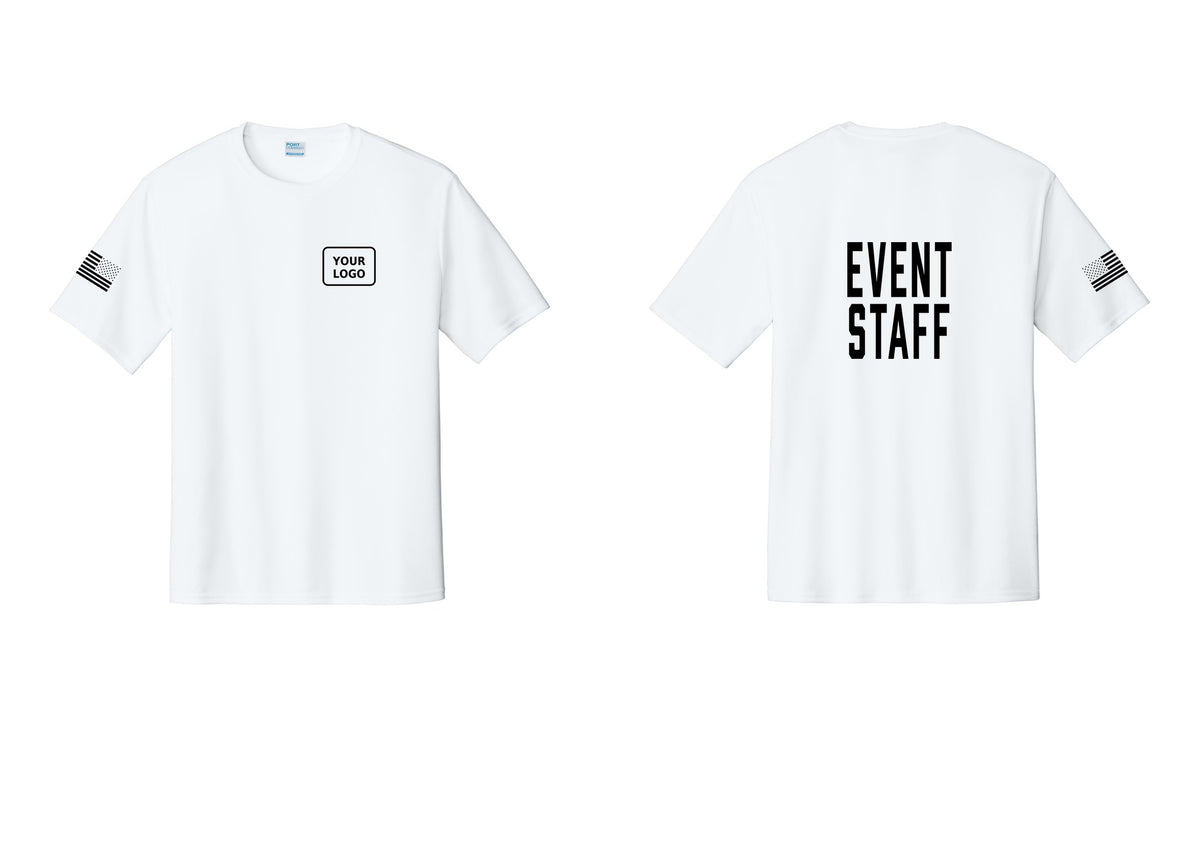 NYC Factory Custom Logo Event Staff Performance T-Shirt (Classic) - Your Logo + Back + US Flag Sleeve - White