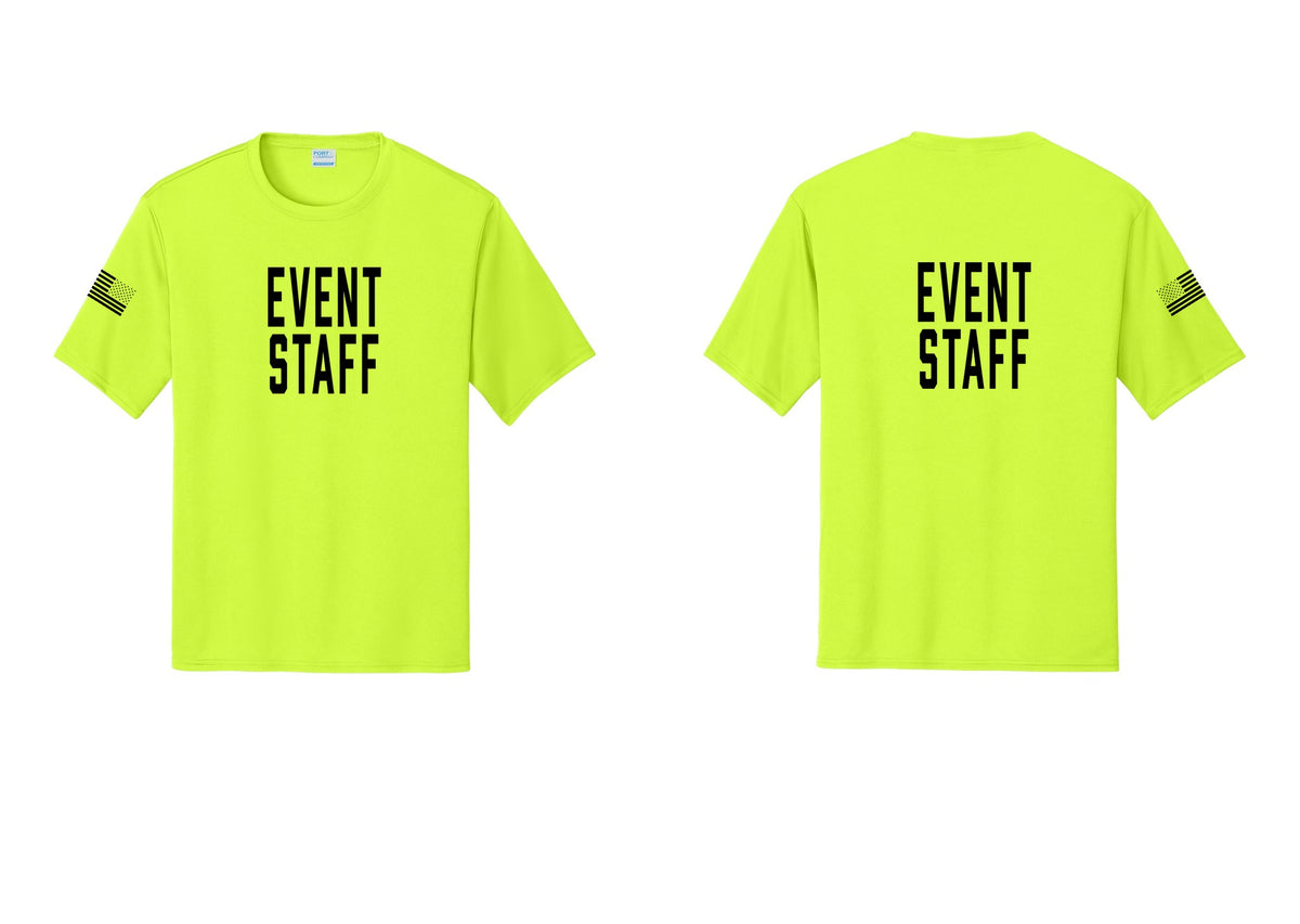 NYC Factory Event Staff Performance T-Shirt (Classic) - Front + Back + US Flag Sleeve - Neon Yellow