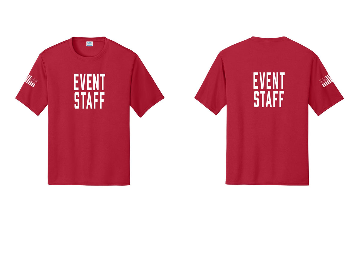 NYC Factory Event Staff Performance T-Shirt (Classic) - Front + Back + US Flag Sleeve - Red