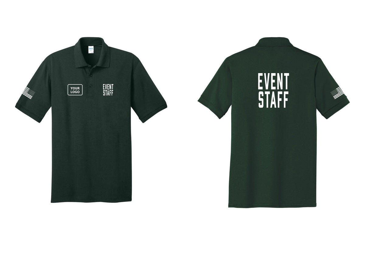NYC Factory Custom Logo Event Staff Polo Shirt (Classic) - EVENT STAFF + Your Logo + Back + US Flag Sleeve - Dark Green