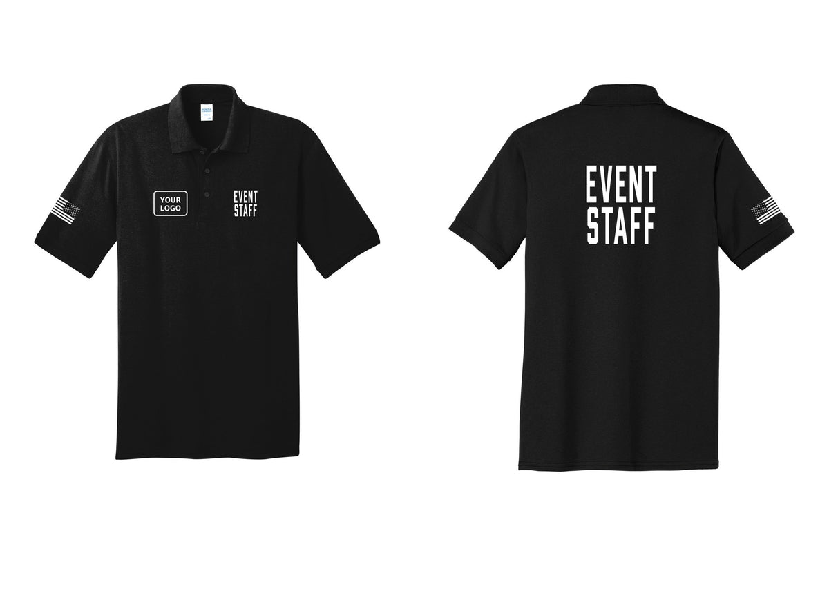 NYC Factory Custom Logo Event Staff Polo Shirt (Classic) - EVENT STAFF + Your Logo + Back + US Flag Sleeve - Black