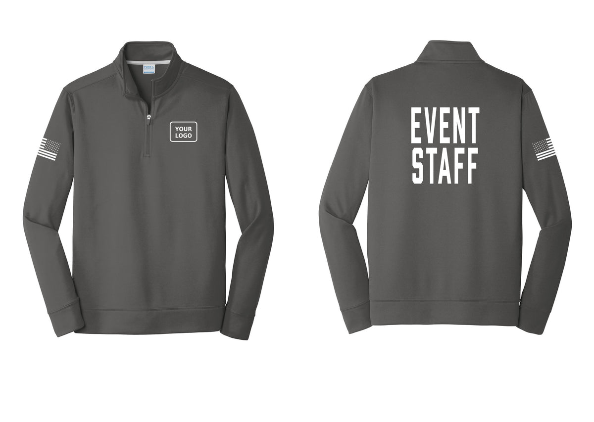 NYC Factory Custom Logo Event Staff Performance Fleece 1/4-Zip Pullover Sweatshirt (Classic) - Your Logo + Back + US Flag Sleeve - Charcoal