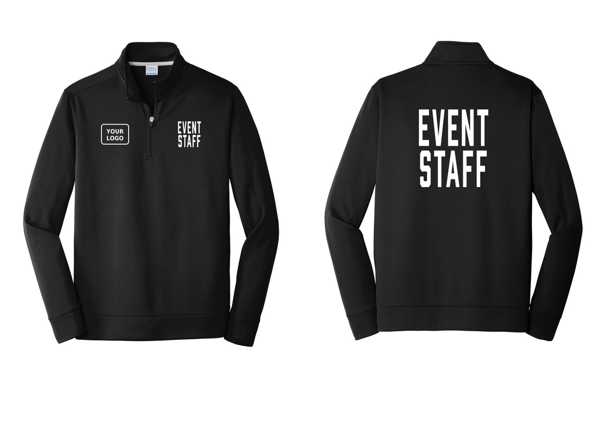 NYC Factory Custom Logo Event Staff Performance Fleece 1/4-Zip Pullover Sweatshirt (Classic) - EVENT STAFF + Your Logo + Back - Black