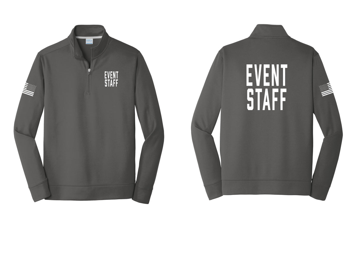 NYC Factory Event Staff Performance Fleece 1/4-Zip Pullover Sweatshirt (Classic) - Chest + Back + US Flag Sleeve - Charcoal