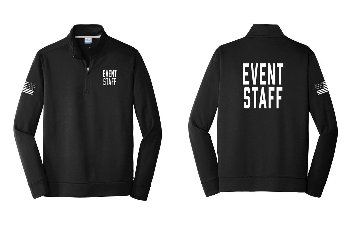 NYC Factory Event Staff Performance Fleece 1/4-Zip Pullover Sweatshirt (Classic) - Chest + Back + US Flag Sleeve - Black