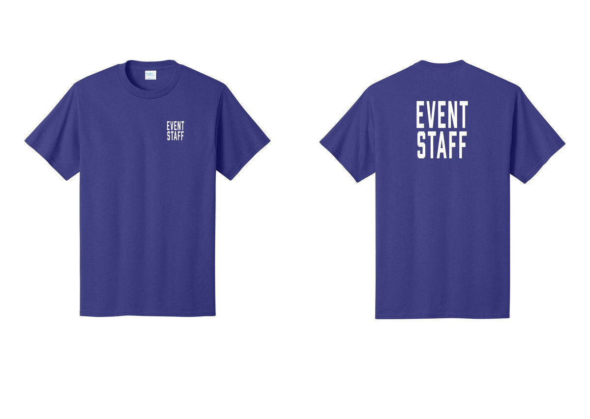 NYC Factory Event Staff T-Shirt, Condensed Lettering - Chest + Back - Purple
