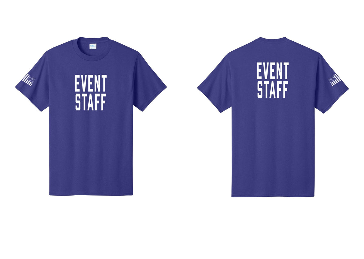 NYC Factory Event Staff T-Shirt, Condensed Lettering - Front + Back + US Flag Sleeve - Purple