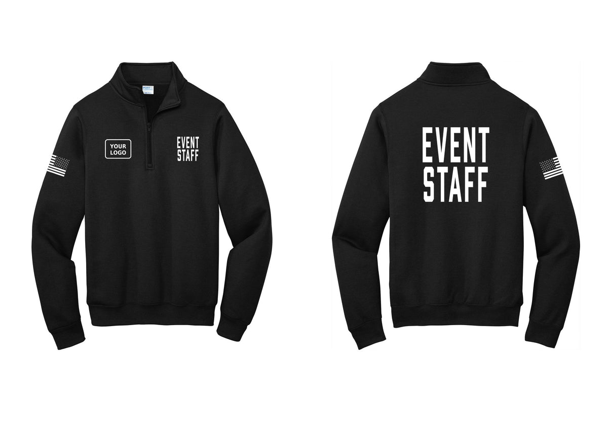 NYC Factory Custom Logo Event Staff Cotton Fleece 1/4-Zip Pullover Sweatshirt (Classic) - EVENT STAFF + Your Logo + Back + US Flag Sleeve - Black