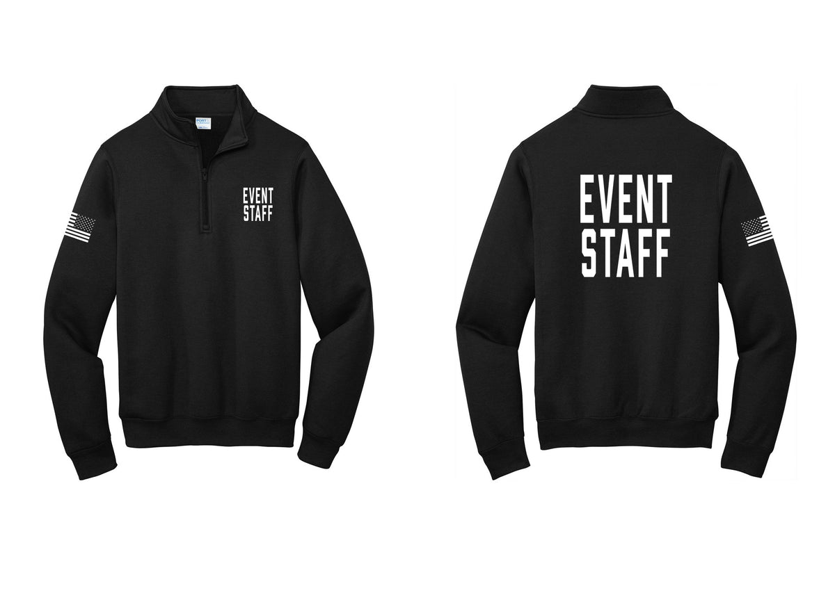NYC Factory Event Staff Cotton Fleece 1/4-Zip Pullover Sweatshirt (Classic) - Chest + Back + US Flag Sleeve - Black