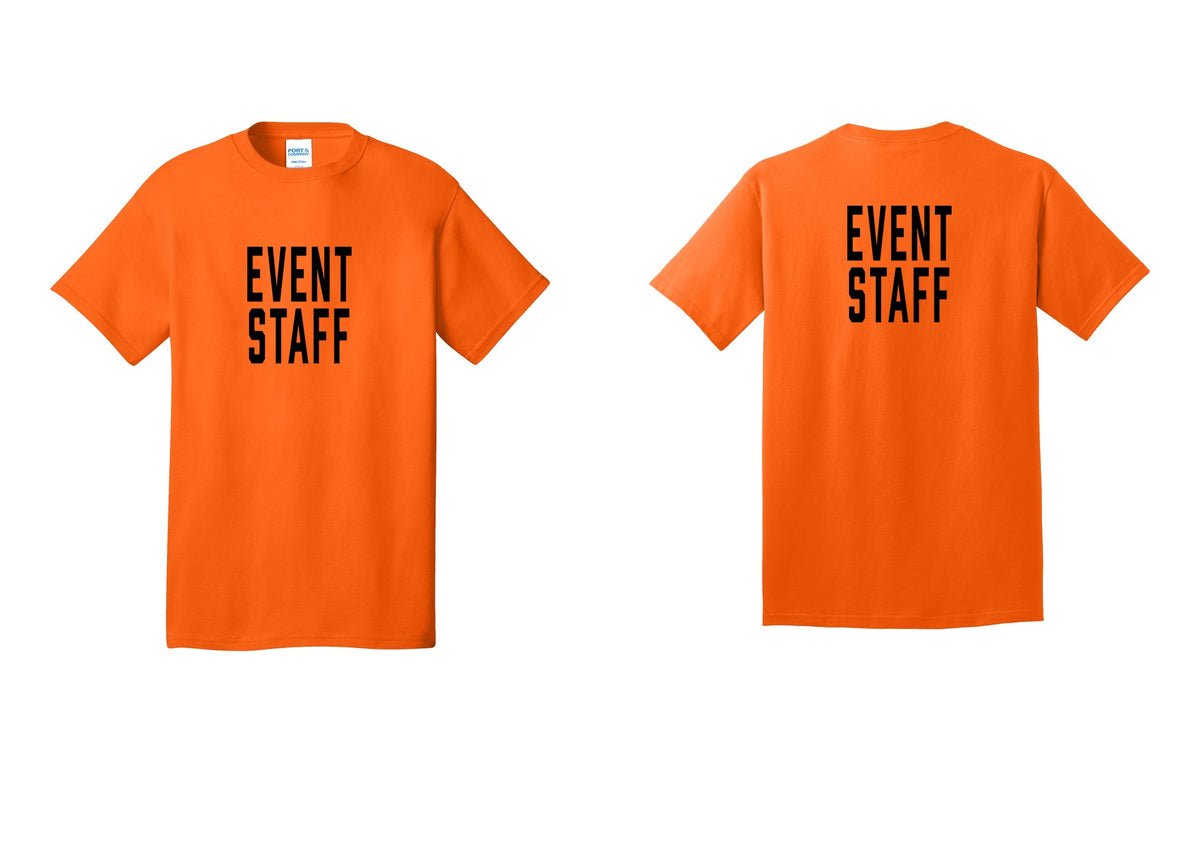 NYC Factory Event Staff T-Shirt, Condensed Lettering - Front + Back - Safety Orange