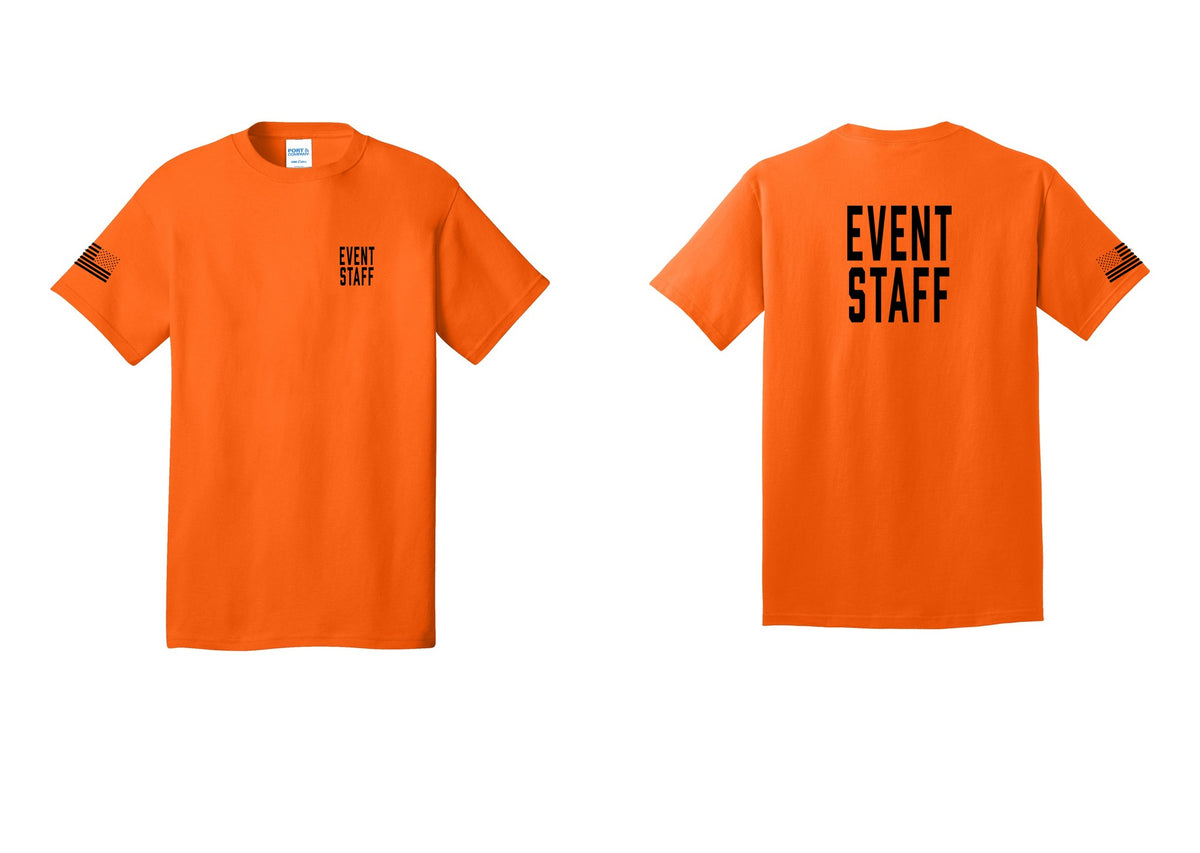 NYC Factory Event Staff T-Shirt, Condensed Lettering - Chest + Back + US Flag Sleeve - Safety Orange
