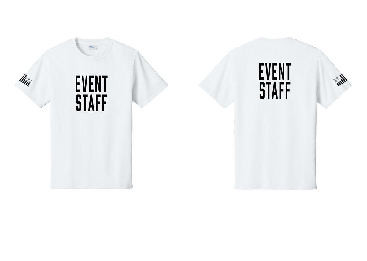 NYC Factory Event Staff T-Shirt, Condensed Lettering - Front + Back + US Flag Sleeve - White