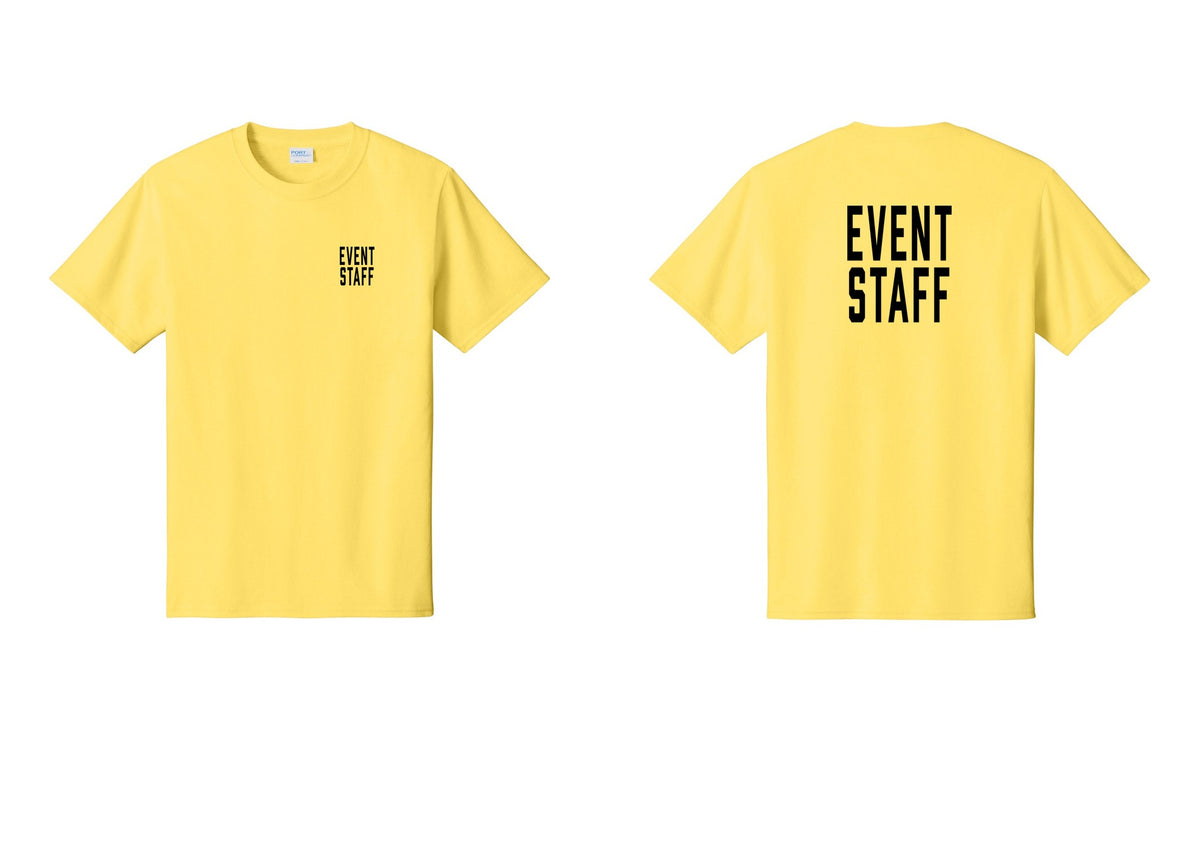 NYC Factory Event Staff T-Shirt, Condensed Lettering - Chest + Back - Yellow