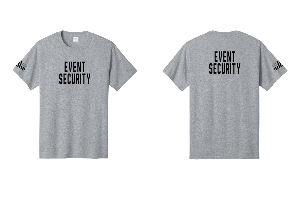 NYC Factory Event Security T-Shirt for Venues & Crowd Management (Classic) - Front + Back + US Flag Sleeve - Athletic Heather