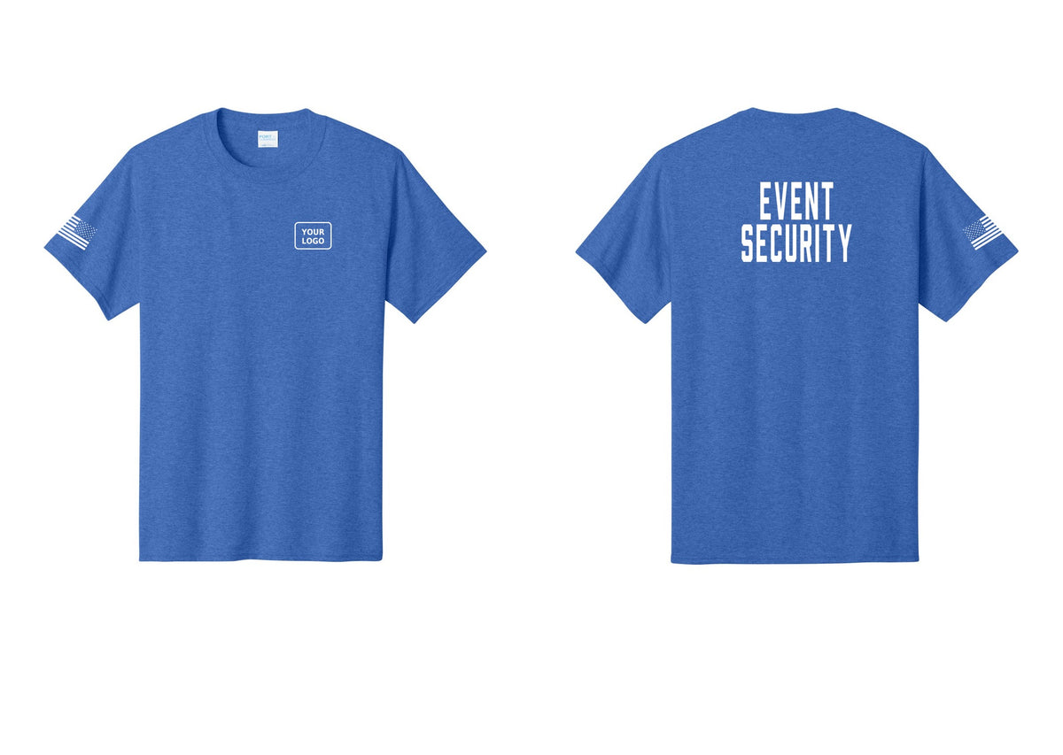 NYC Factory Custom Logo Event Security T-Shirt for Venues & Crowd Management (Classic) - Your Logo + Back + US Flag Sleeve - Heather Royal
