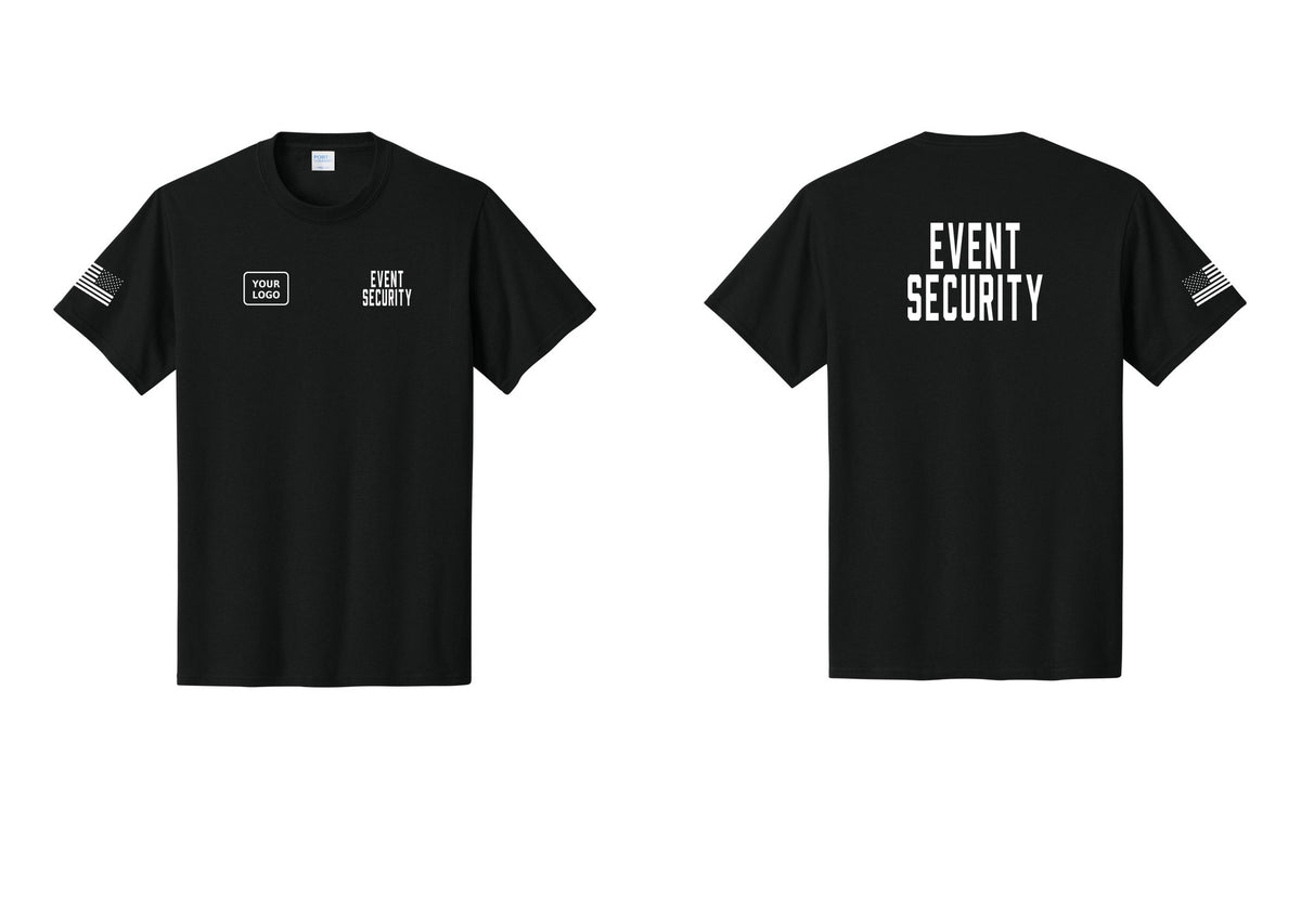 NYC Factory Custom Logo Event Security T-Shirt for Venues & Crowd Management (Classic) - EVENT SECURITY + Your Logo + Back + US Flag Sleeve - Black