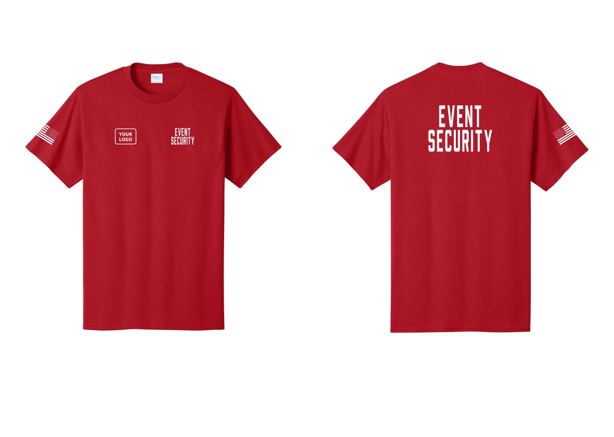NYC Factory Custom Logo Event Security T-Shirt for Venues & Crowd Management (Classic) - EVENT SECURITY + Your Logo + Back + US Flag Sleeve - Red