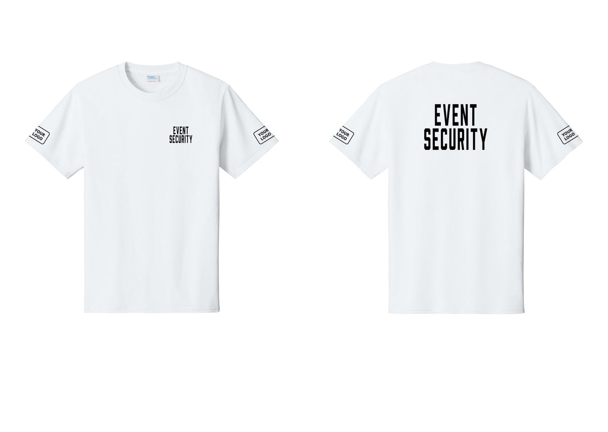 NYC Factory Custom Logo Event Security T-Shirt for Venues & Crowd Management (Classic) - Chest + Back + Your Logo Sleeves - White