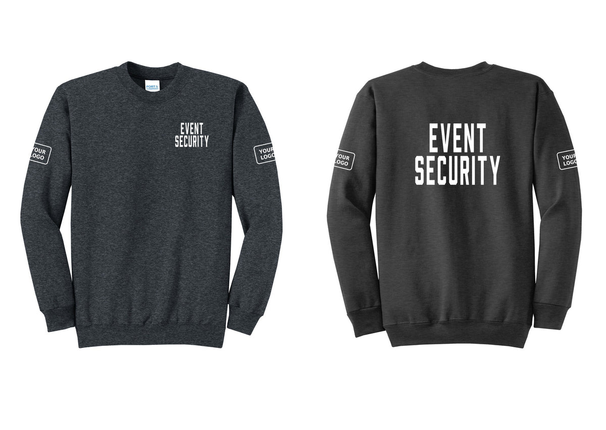 NYC Factory Custom Logo Event Security Cotton Fleece Crewneck Sweatshirt (Classic) - Chest + Back + Your Logo Sleeves - Dark Heather Grey