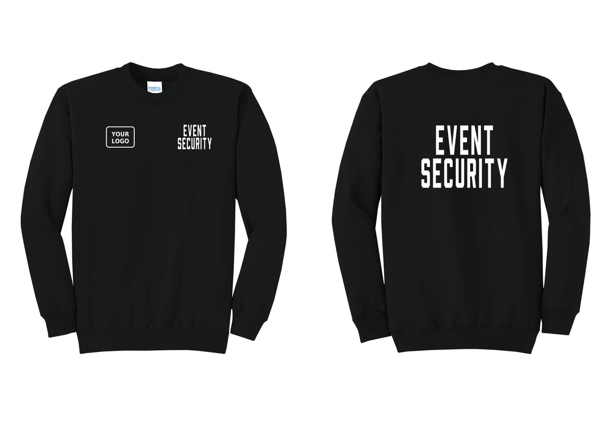 NYC Factory Custom Logo Event Security Cotton Fleece Crewneck Sweatshirt (Classic) - EVENT SECURITY + Your Logo + Back - Black