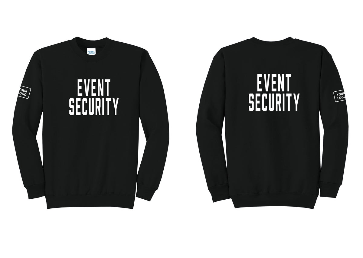 NYC Factory Custom Logo Event Security Cotton Fleece Crewneck Sweatshirt (Classic) - Front + Back + Your Logo Sleeve - Black