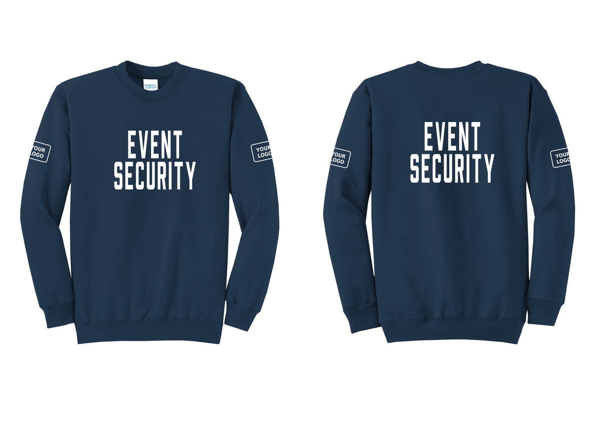 NYC Factory Custom Logo Event Security Cotton Fleece Crewneck Sweatshirt (Classic) - Front + Back + Your Logo Sleeves - Navy