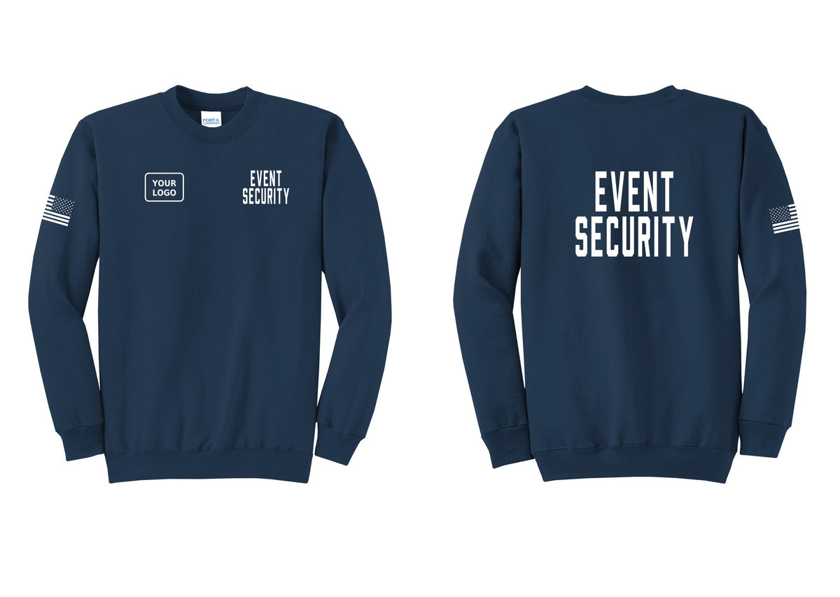 NYC Factory Custom Logo Event Security Cotton Fleece Crewneck Sweatshirt (Classic) - EVENT SECURITY + Your Logo + Back + US Flag Sleeve - Navy