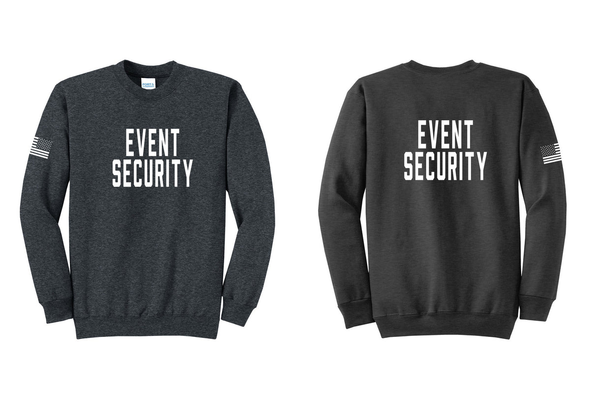 NYC Factory Event Security Cotton Fleece Crewneck Sweatshirt (Classic) - Front + Back + US Flag Sleeve - Dark Heather Grey